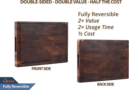 American Dark Walnut Wood Cutting Board 17"x12"x1.6" for Kitchen with Juice Groove, Inner Handles, Gift Box Packaging and End Grain Butcher Block Finished with Linseed Oil, Beeswax & Lemon Oil