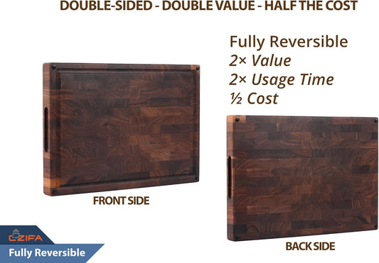 American Dark Walnut Wood Cutting Board 17"x12"x1.6" for Kitchen with Juice Groove, Inner Handles, Gift Box Packaging and End Grain Butcher Block Finished with Linseed Oil, Beeswax & Lemon Oil