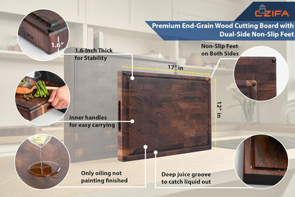 American Dark Walnut Wood Cutting Board 17"x12"x1.6" for Kitchen with Juice Groove, Inner Handles, Gift Box Packaging and End Grain Butcher Block Finished with Linseed Oil, Beeswax & Lemon Oil