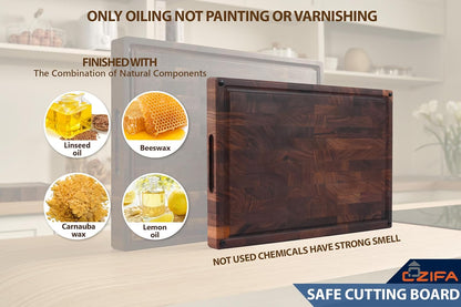 American Dark Walnut Wood Cutting Board 17"x12"x1.6" for Kitchen with Juice Groove, Inner Handles, Gift Box Packaging and End Grain Butcher Block Finished with Linseed Oil, Beeswax & Lemon Oil