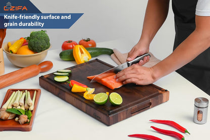 American Dark Walnut Wood Cutting Board 17"x12"x1.6" for Kitchen with Juice Groove, Inner Handles, Gift Box Packaging and End Grain Butcher Block Finished with Linseed Oil, Beeswax & Lemon Oil