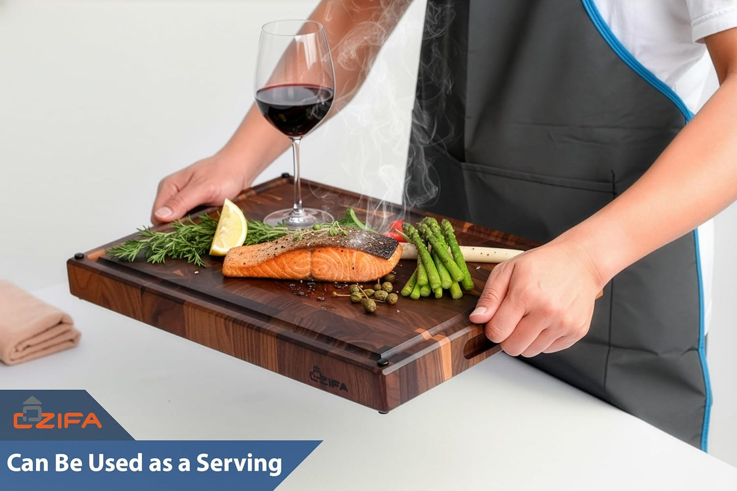 American Dark Walnut Wood Cutting Board 17"x12"x1.6" for Kitchen with Juice Groove, Inner Handles, Gift Box Packaging and End Grain Butcher Block Finished with Linseed Oil, Beeswax & Lemon Oil