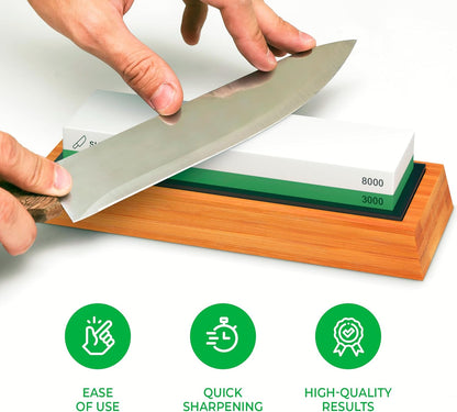 Premium Whetstone Knife Sharpening Stone 2 Side Grit 3000/8000 Wetstone Kit -Wetstone Kitchen Knife Sharpener with Non-Slip Bamboo Base & Flattening Stone