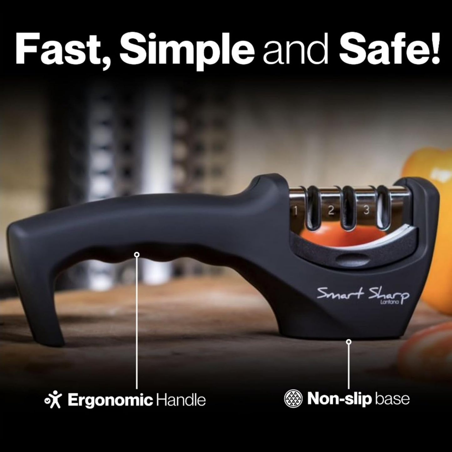 Knife Sharpener 'Smart Sharp' - Professional 3 Stage Manual Sharpener for Sharpening Kitchen Knives - Ceramic Stone, Tungsten Carbide Plates, Diamond rods. Ergonomic Design, Black/Chrome