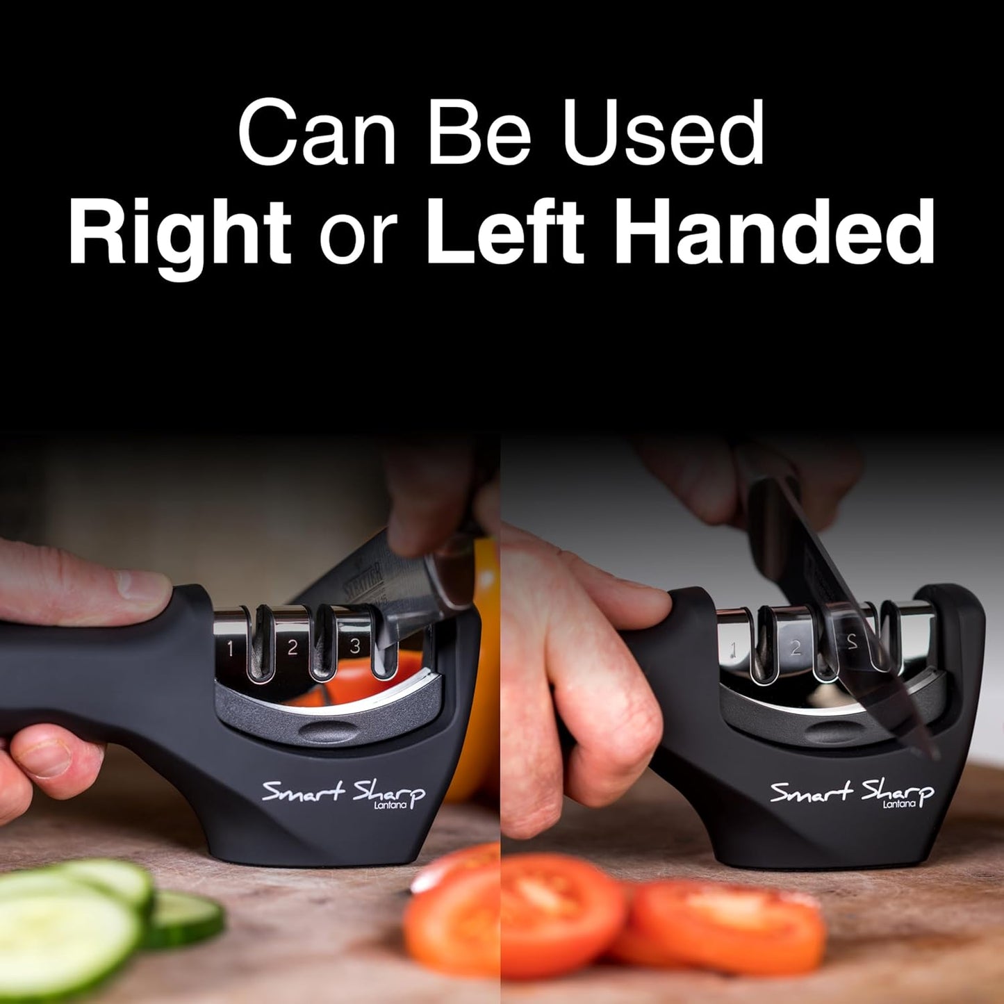 Knife Sharpener 'Smart Sharp' - Professional 3 Stage Manual Sharpener for Sharpening Kitchen Knives - Ceramic Stone, Tungsten Carbide Plates, Diamond rods. Ergonomic Design, Black/Chrome