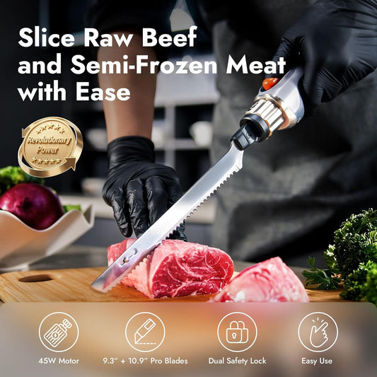 Cordless Electric Knife for Meat Slicing, Carving Knife | Cordless Rechargeable, 45W High-Torque Motor, 420 Stainless Steel Blades, 50-Min Runtime, Washable,Type-C Charge, Safety-Lock