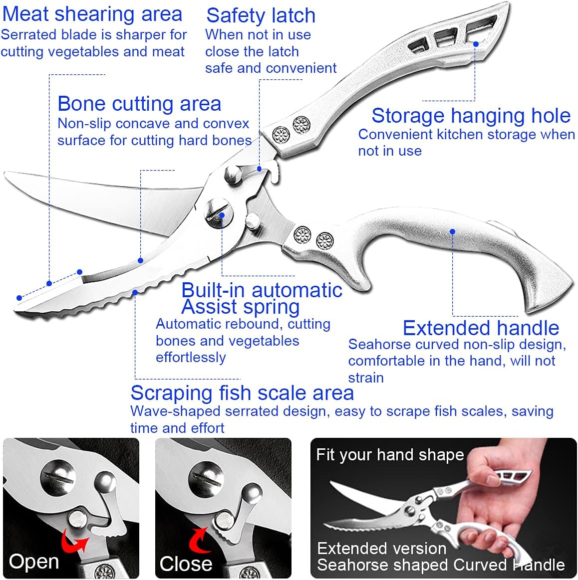 Upgrade Heavy Duty Stainless Steel Kitchen Scissors - Professional Poultry Shears for Bone, Meat, Chicken, Fish, Turkey, Vegetables,Spring Loaded Multipurpose Ultra Sharp Utility Scissors