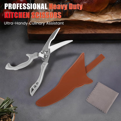 Upgrade Heavy Duty Stainless Steel Kitchen Scissors - Professional Poultry Shears for Bone, Meat, Chicken, Fish, Turkey, Vegetables,Spring Loaded Multipurpose Ultra Sharp Utility Scissors