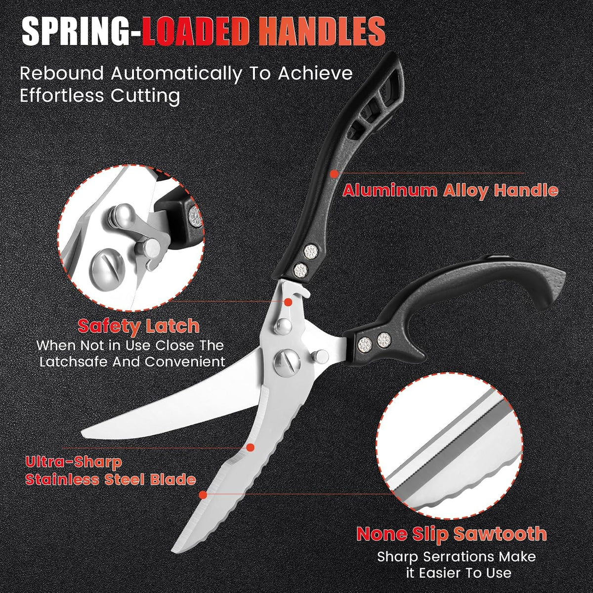 Upgrade Heavy Duty Stainless Steel Kitchen Scissors - Professional Poultry Shears for Bone, Meat, Chicken, Fish, Turkey, Vegetables,Spring Loaded Multipurpose Ultra Sharp Utility Scissors