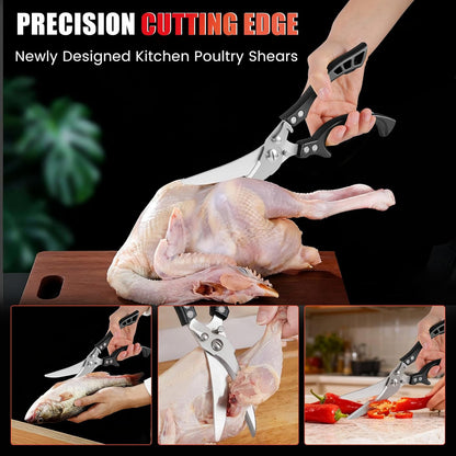 Upgrade Heavy Duty Stainless Steel Kitchen Scissors - Professional Poultry Shears for Bone, Meat, Chicken, Fish, Turkey, Vegetables,Spring Loaded Multipurpose Ultra Sharp Utility Scissors