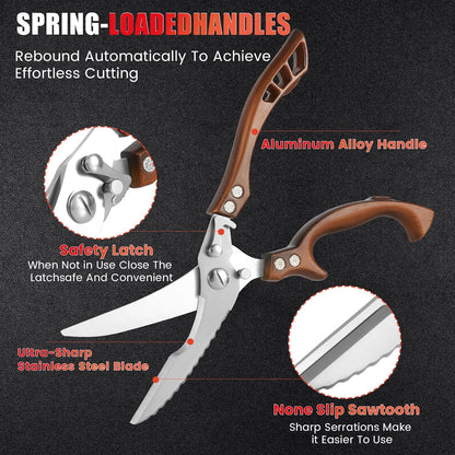 Upgrade Heavy Duty Stainless Steel Kitchen Scissors - Professional Poultry Shears for Bone, Meat, Chicken, Fish, Turkey, Vegetables,Spring Loaded Multipurpose Ultra Sharp Utility Scissors