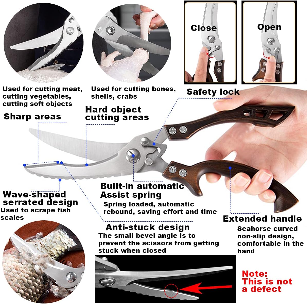 Upgrade Heavy Duty Stainless Steel Kitchen Scissors - Professional Poultry Shears for Bone, Meat, Chicken, Fish, Turkey, Vegetables,Spring Loaded Multipurpose Ultra Sharp Utility Scissors
