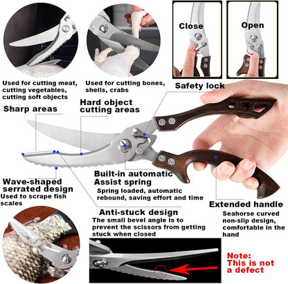 Upgrade Heavy Duty Stainless Steel Kitchen Scissors - Professional Poultry Shears for Bone, Meat, Chicken, Fish, Turkey, Vegetables,Spring Loaded Multipurpose Ultra Sharp Utility Scissors
