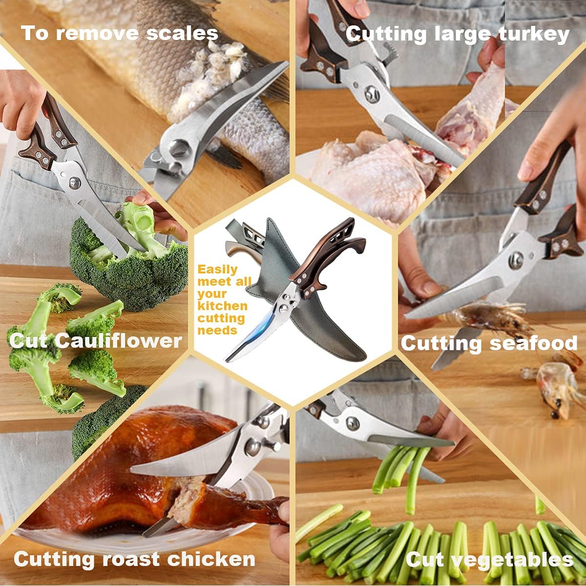 Upgrade Heavy Duty Stainless Steel Kitchen Scissors - Professional Poultry Shears for Bone, Meat, Chicken, Fish, Turkey, Vegetables,Spring Loaded Multipurpose Ultra Sharp Utility Scissors