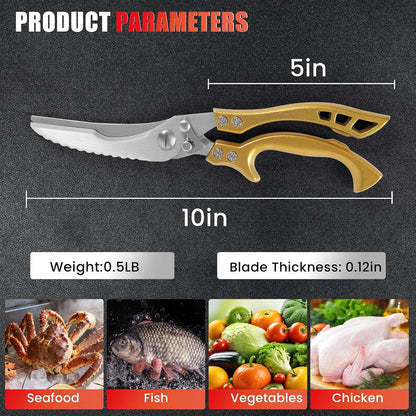 Upgrade Heavy Duty Stainless Steel Kitchen Scissors - Professional Poultry Shears for Bone, Meat, Chicken, Fish, Turkey, Vegetables,Spring Loaded Multipurpose Ultra Sharp Utility Scissors