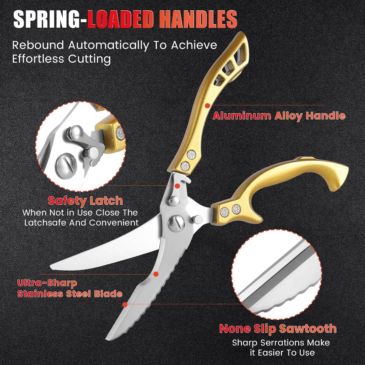 Upgrade Heavy Duty Stainless Steel Kitchen Scissors - Professional Poultry Shears for Bone, Meat, Chicken, Fish, Turkey, Vegetables,Spring Loaded Multipurpose Ultra Sharp Utility Scissors