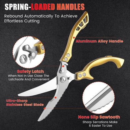 Upgrade Heavy Duty Stainless Steel Kitchen Scissors - Professional Poultry Shears for Bone, Meat, Chicken, Fish, Turkey, Vegetables,Spring Loaded Multipurpose Ultra Sharp Utility Scissors