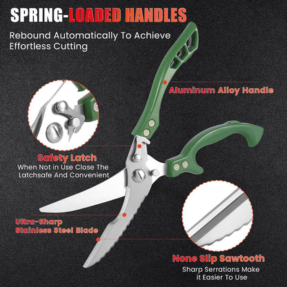 Upgrade Heavy Duty Stainless Steel Kitchen Scissors - Professional Poultry Shears for Bone, Meat, Chicken, Fish, Turkey, Vegetables,Spring Loaded Multipurpose Ultra Sharp Utility Scissors