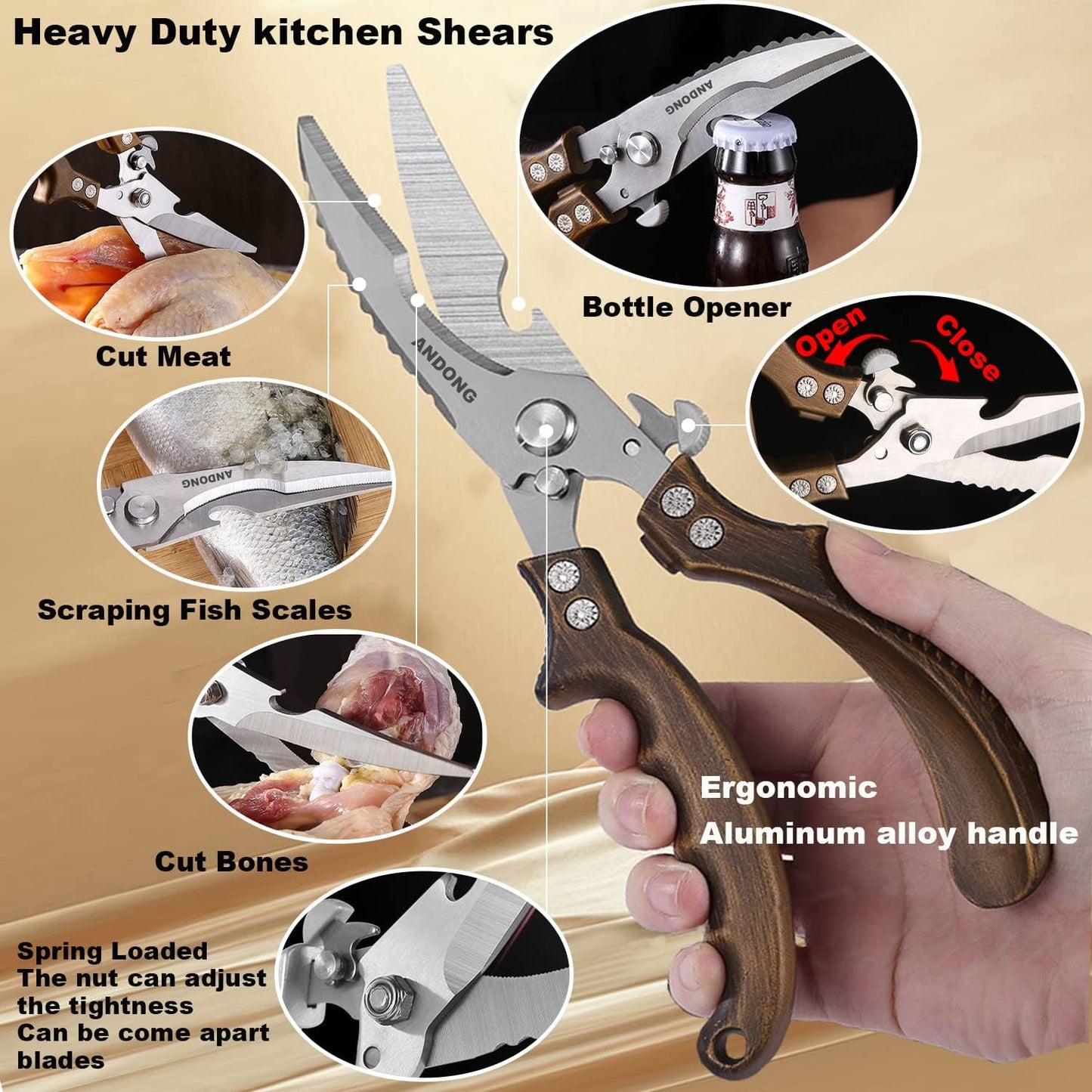 Upgrade Heavy Duty Stainless Steel Kitchen Scissors - Professional Poultry Shears for Bone, Meat, Chicken, Fish, Turkey, Vegetables,Spring Loaded Multipurpose Ultra Sharp Utility Scissors