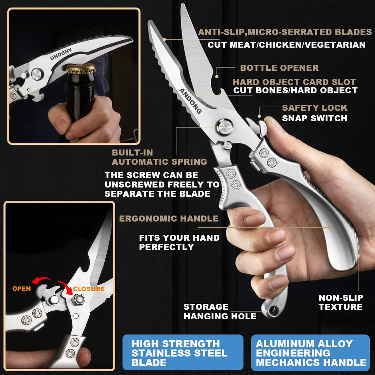 Upgrade Heavy Duty Stainless Steel Kitchen Scissors - Professional Poultry Shears for Bone, Meat, Chicken, Fish, Turkey, Vegetables,Spring Loaded Multipurpose Ultra Sharp Utility Scissors
