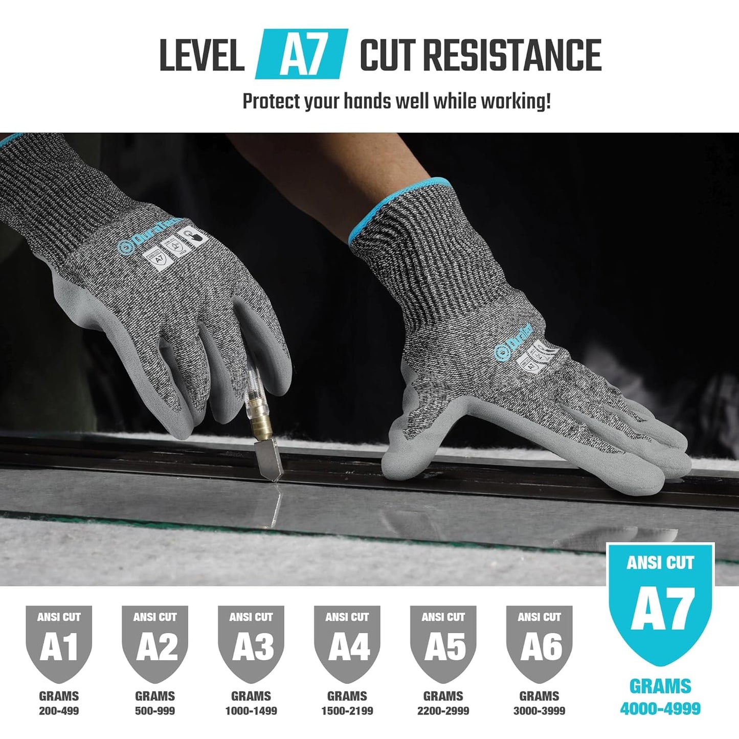 A7 Cut Resistant Work Gloves, Sandy Nitrile Coated Palms, Lightweight Design, Touch-Screen Compatiblility, Safety Gloves for Mechanics, Gardening, Fishing, Black 2 Pairs (XL)