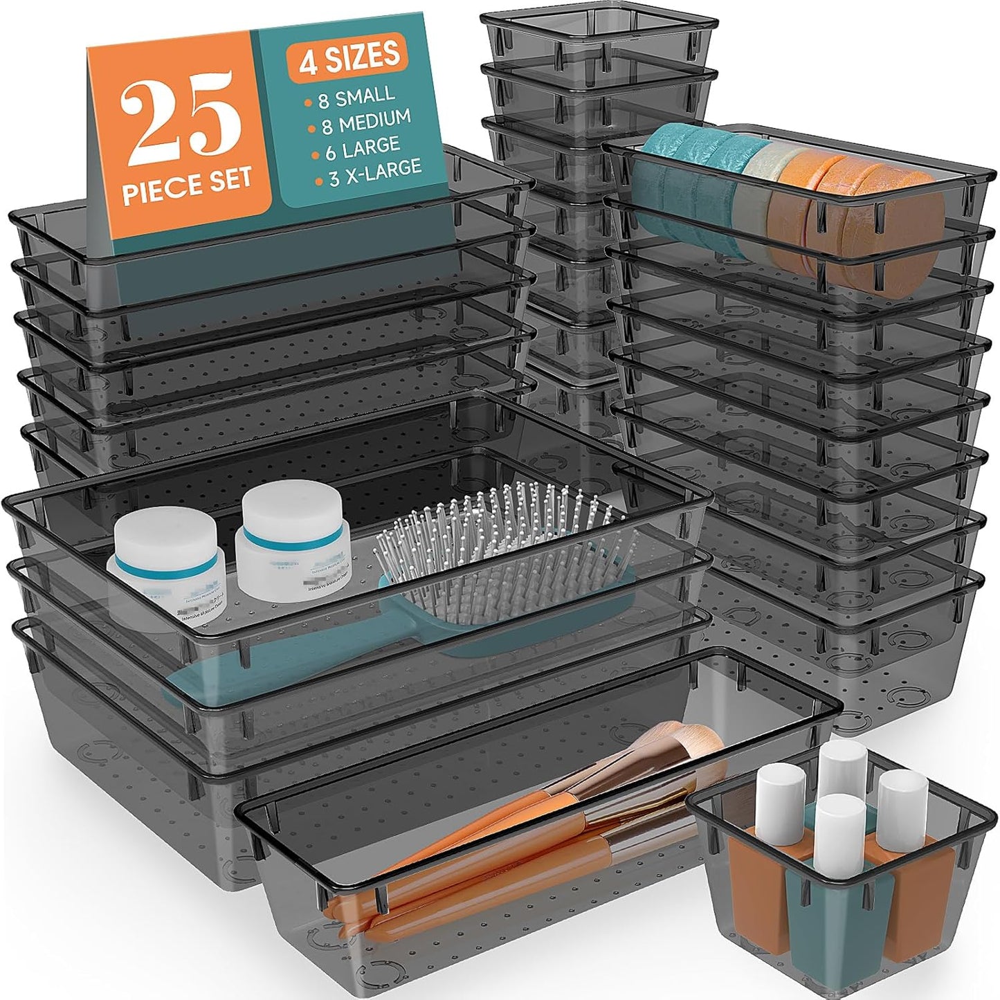 25 PCS Clear Plastic Drawer Organizer Set, 4 Sizes Desk Drawer Divider Organizers and Storage Bins for Makeup, Jewelry, Gadgets for Kitchen, Bedroom, Bathroom, Office