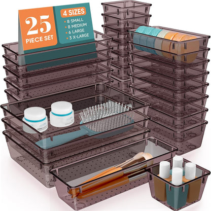 25 PCS Clear Plastic Drawer Organizer Set, 4 Sizes Desk Drawer Divider Organizers and Storage Bins for Makeup, Jewelry, Gadgets for Kitchen, Bedroom, Bathroom, Office