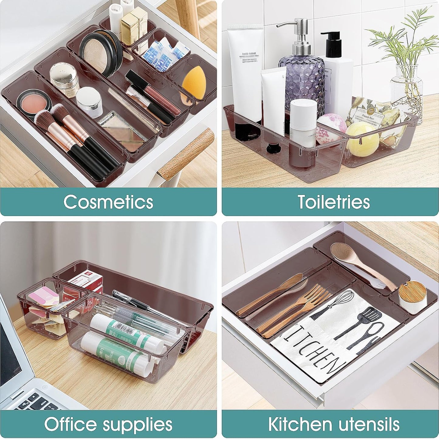 25 PCS Clear Plastic Drawer Organizer Set, 4 Sizes Desk Drawer Divider Organizers and Storage Bins for Makeup, Jewelry, Gadgets for Kitchen, Bedroom, Bathroom, Office