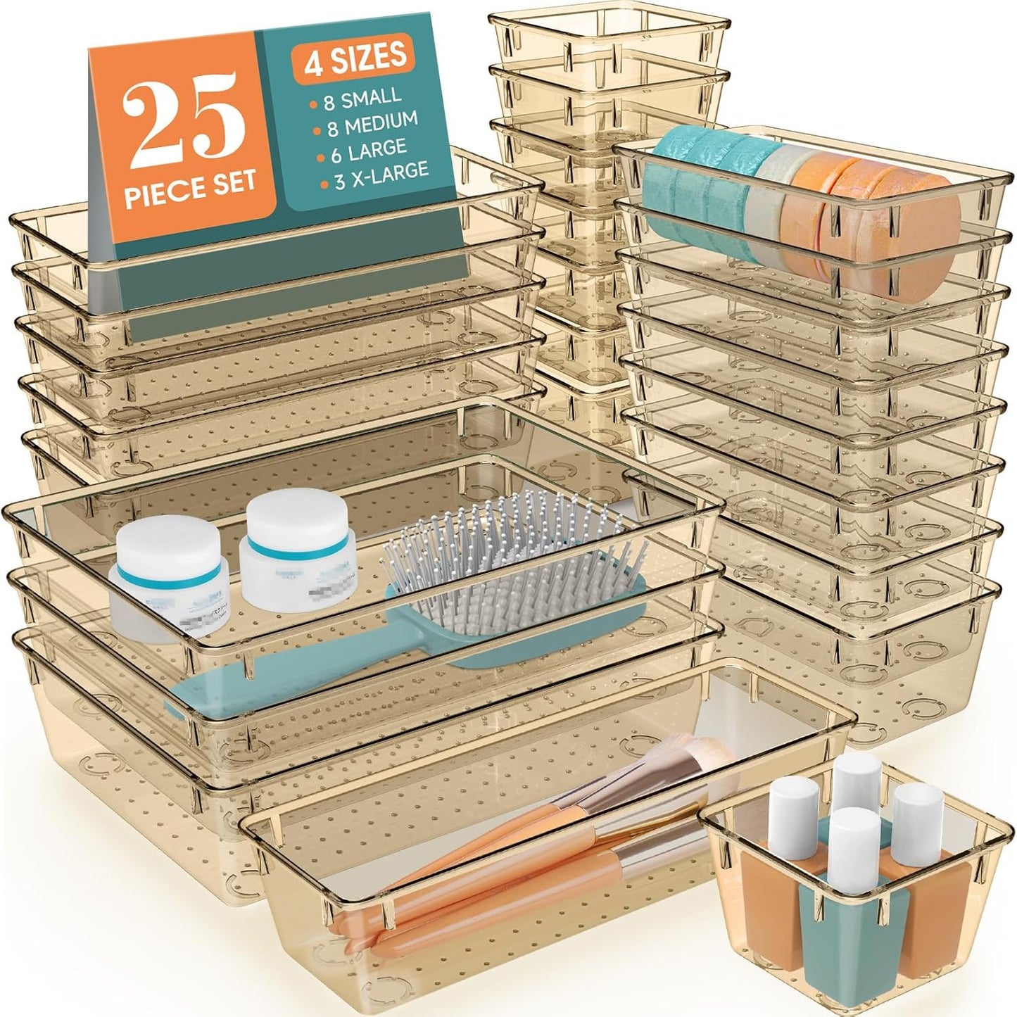 25 PCS Clear Plastic Drawer Organizer Set, 4 Sizes Desk Drawer Divider Organizers and Storage Bins for Makeup, Jewelry, Gadgets for Kitchen, Bedroom, Bathroom, Office