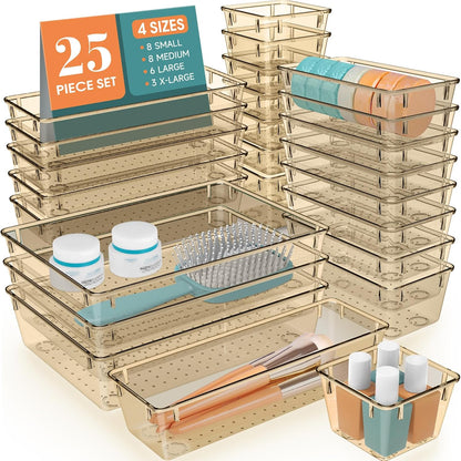 25 PCS Clear Plastic Drawer Organizer Set, 4 Sizes Desk Drawer Divider Organizers and Storage Bins for Makeup, Jewelry, Gadgets for Kitchen, Bedroom, Bathroom, Office