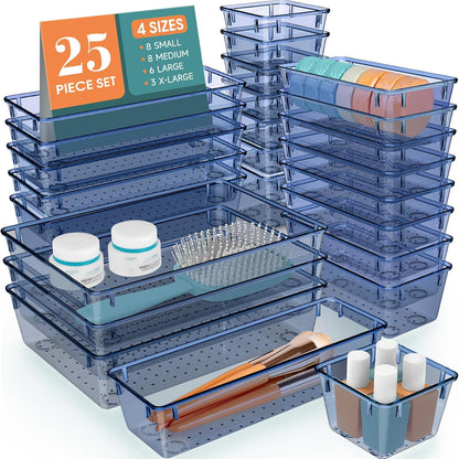 25 PCS Clear Plastic Drawer Organizer Set, 4 Sizes Desk Drawer Divider Organizers and Storage Bins for Makeup, Jewelry, Gadgets for Kitchen, Bedroom, Bathroom, Office