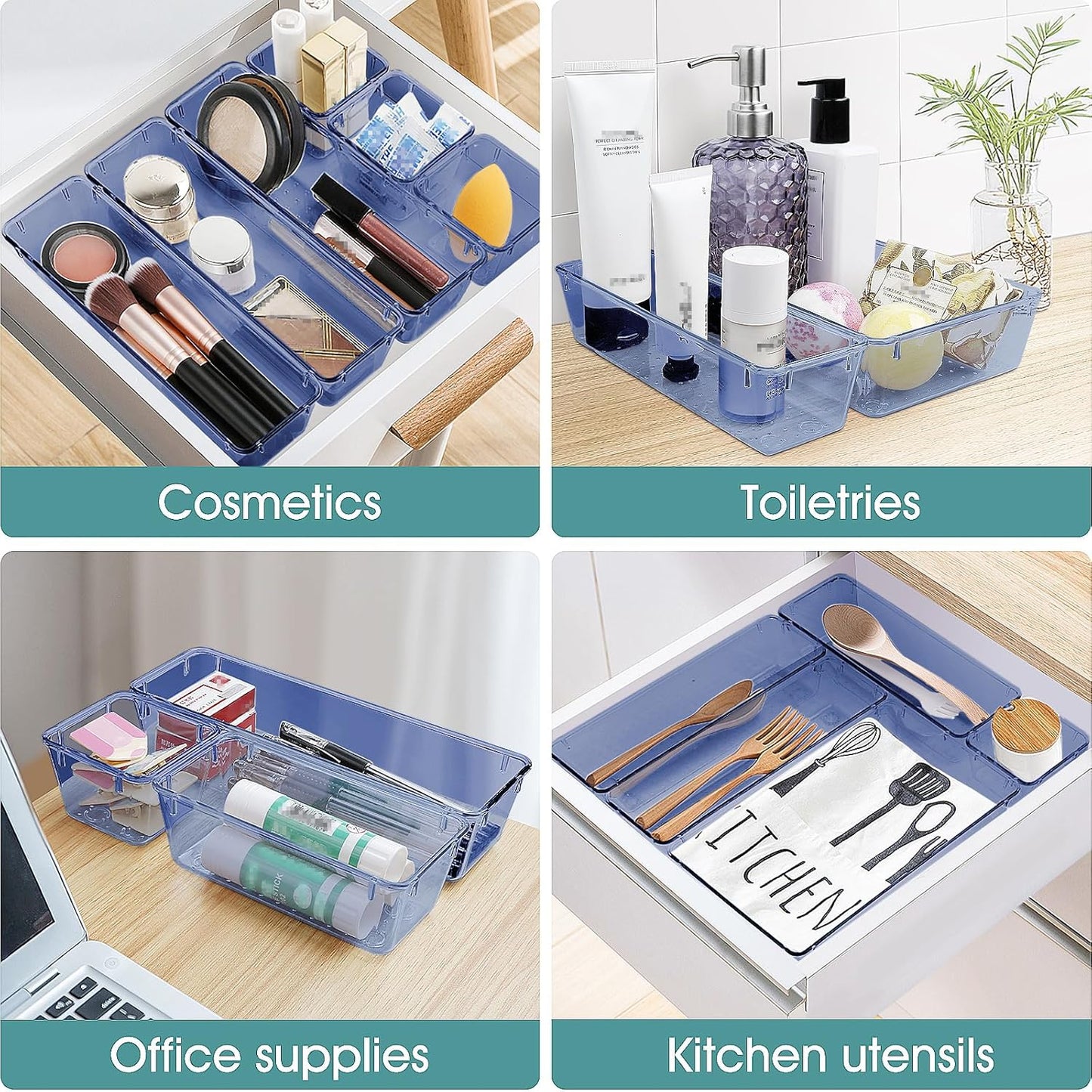 25 PCS Clear Plastic Drawer Organizer Set, 4 Sizes Desk Drawer Divider Organizers and Storage Bins for Makeup, Jewelry, Gadgets for Kitchen, Bedroom, Bathroom, Office