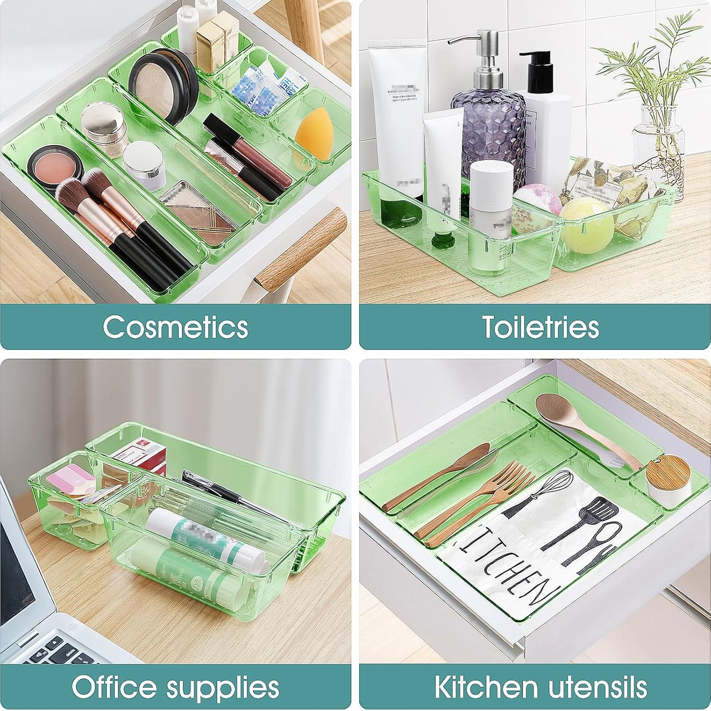25 PCS Clear Plastic Drawer Organizer Set, 4 Sizes Desk Drawer Divider Organizers and Storage Bins for Makeup, Jewelry, Gadgets for Kitchen, Bedroom, Bathroom, Office