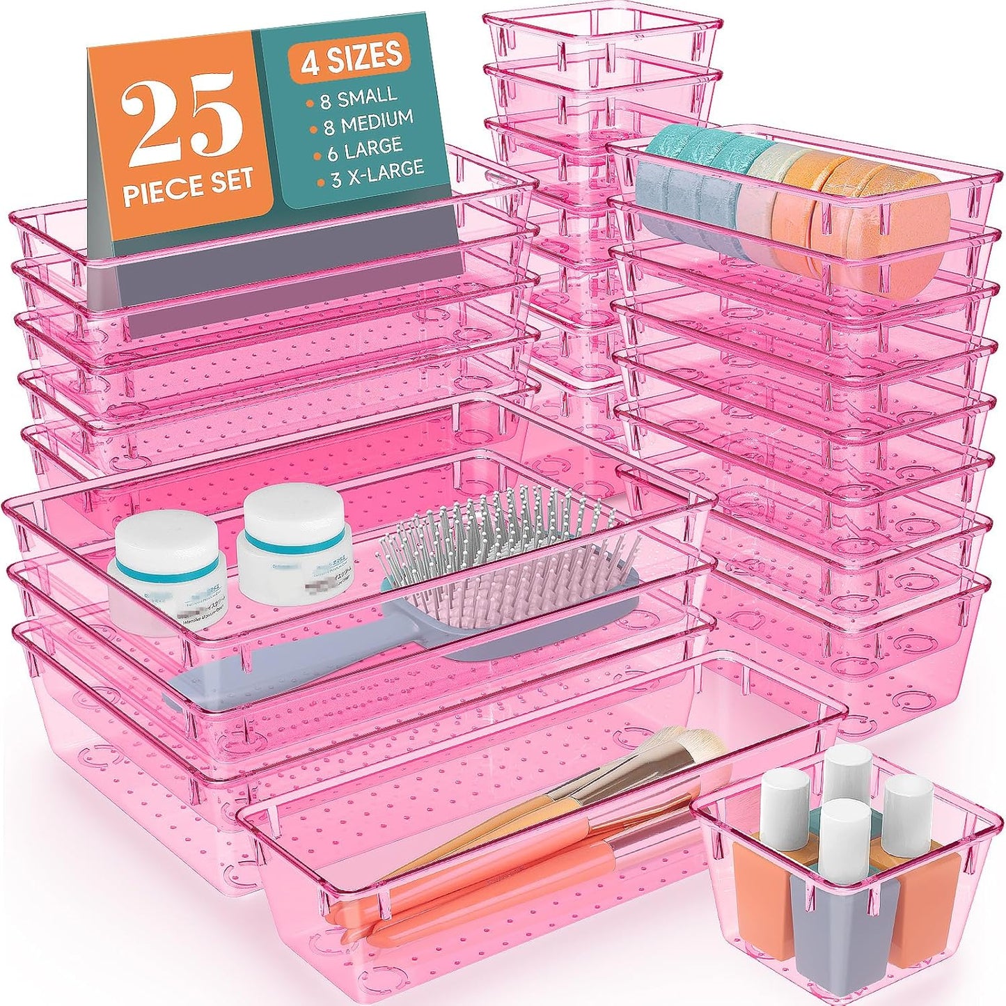 25 PCS Clear Plastic Drawer Organizer Set, 4 Sizes Desk Drawer Divider Organizers and Storage Bins for Makeup, Jewelry, Gadgets for Kitchen, Bedroom, Bathroom, Office