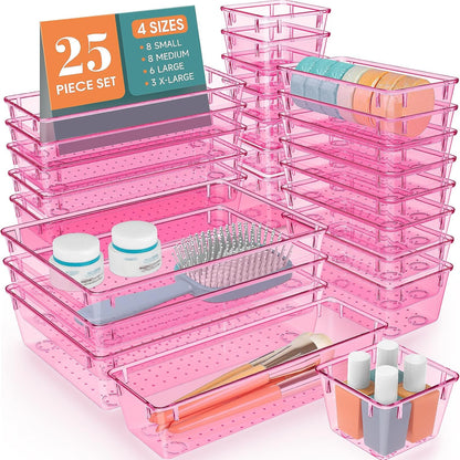 25 PCS Clear Plastic Drawer Organizer Set, 4 Sizes Desk Drawer Divider Organizers and Storage Bins for Makeup, Jewelry, Gadgets for Kitchen, Bedroom, Bathroom, Office