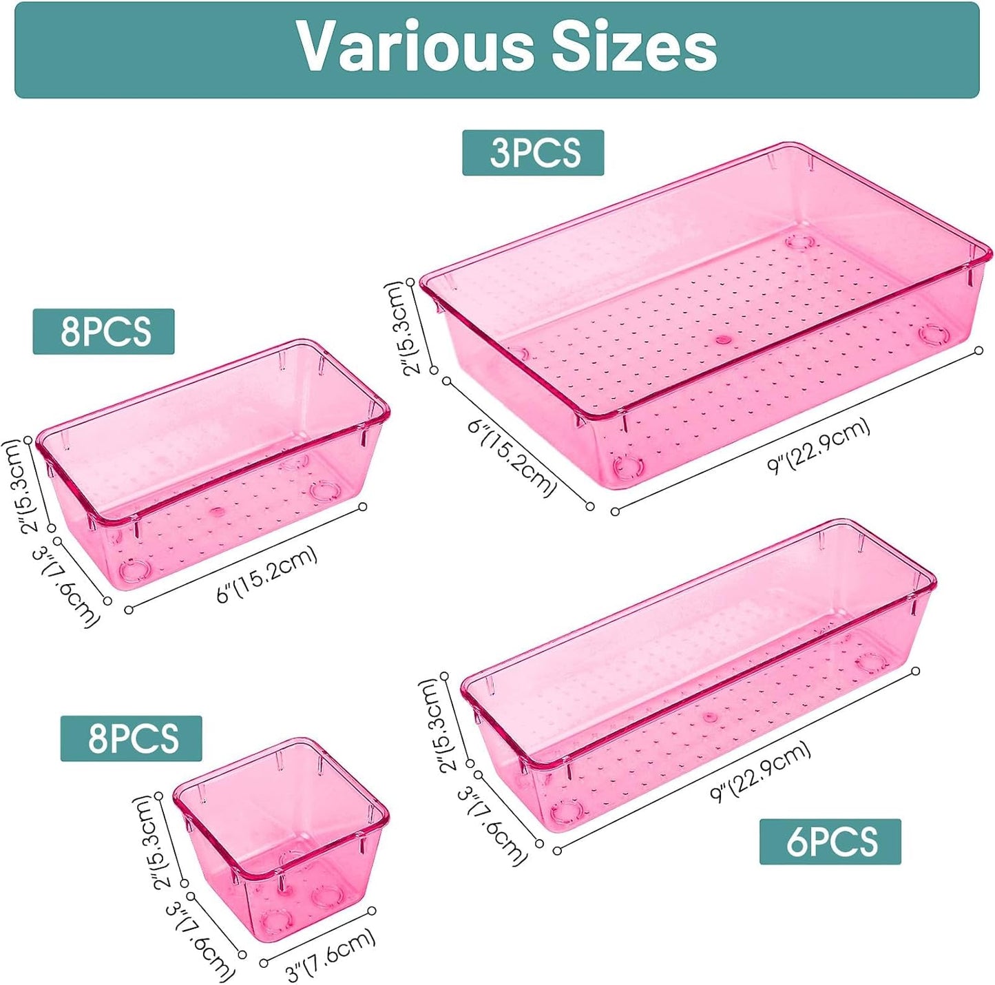 25 PCS Clear Plastic Drawer Organizer Set, 4 Sizes Desk Drawer Divider Organizers and Storage Bins for Makeup, Jewelry, Gadgets for Kitchen, Bedroom, Bathroom, Office