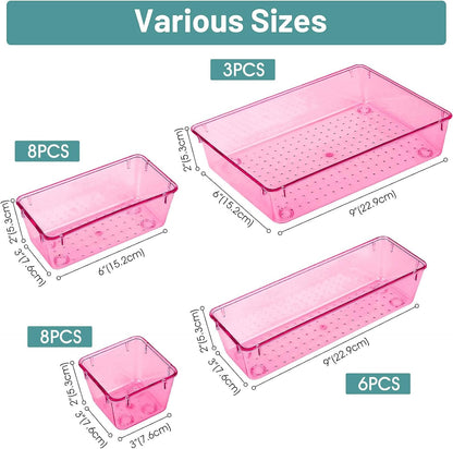 25 PCS Clear Plastic Drawer Organizer Set, 4 Sizes Desk Drawer Divider Organizers and Storage Bins for Makeup, Jewelry, Gadgets for Kitchen, Bedroom, Bathroom, Office