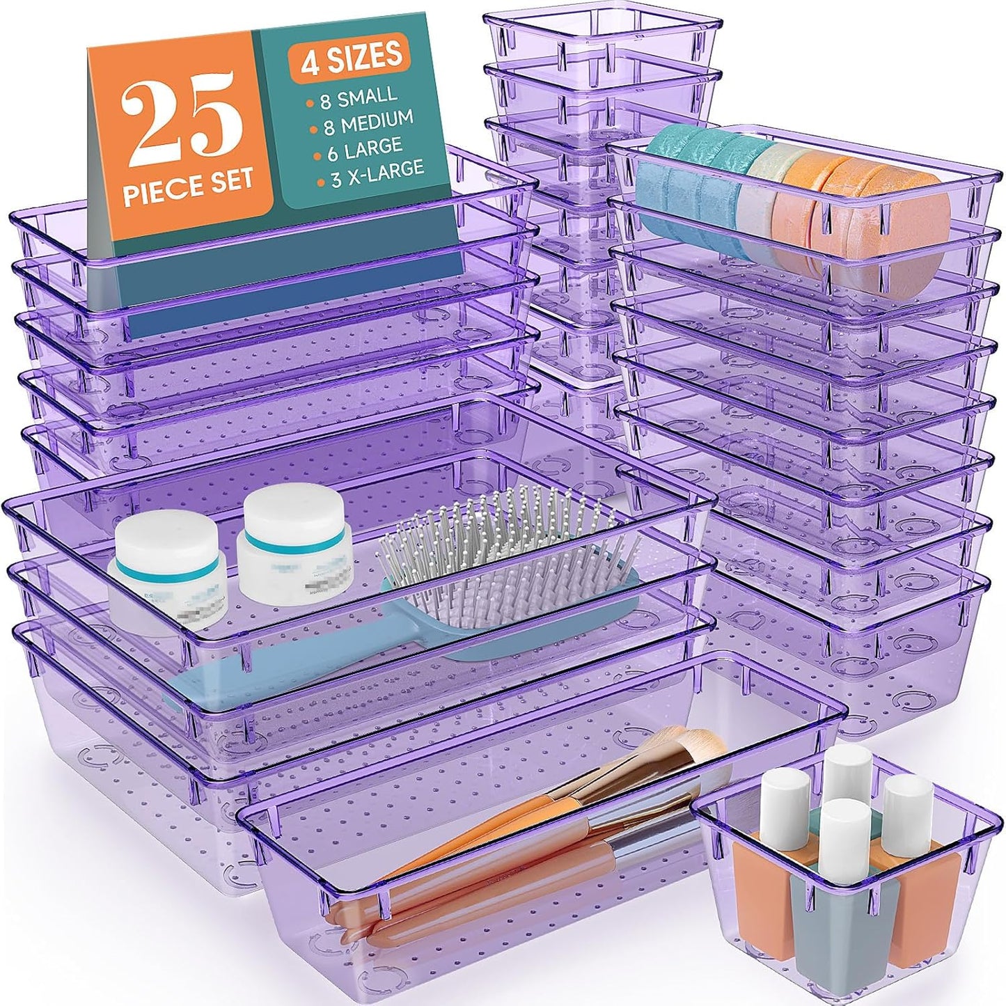 25 PCS Clear Plastic Drawer Organizer Set, 4 Sizes Desk Drawer Divider Organizers and Storage Bins for Makeup, Jewelry, Gadgets for Kitchen, Bedroom, Bathroom, Office