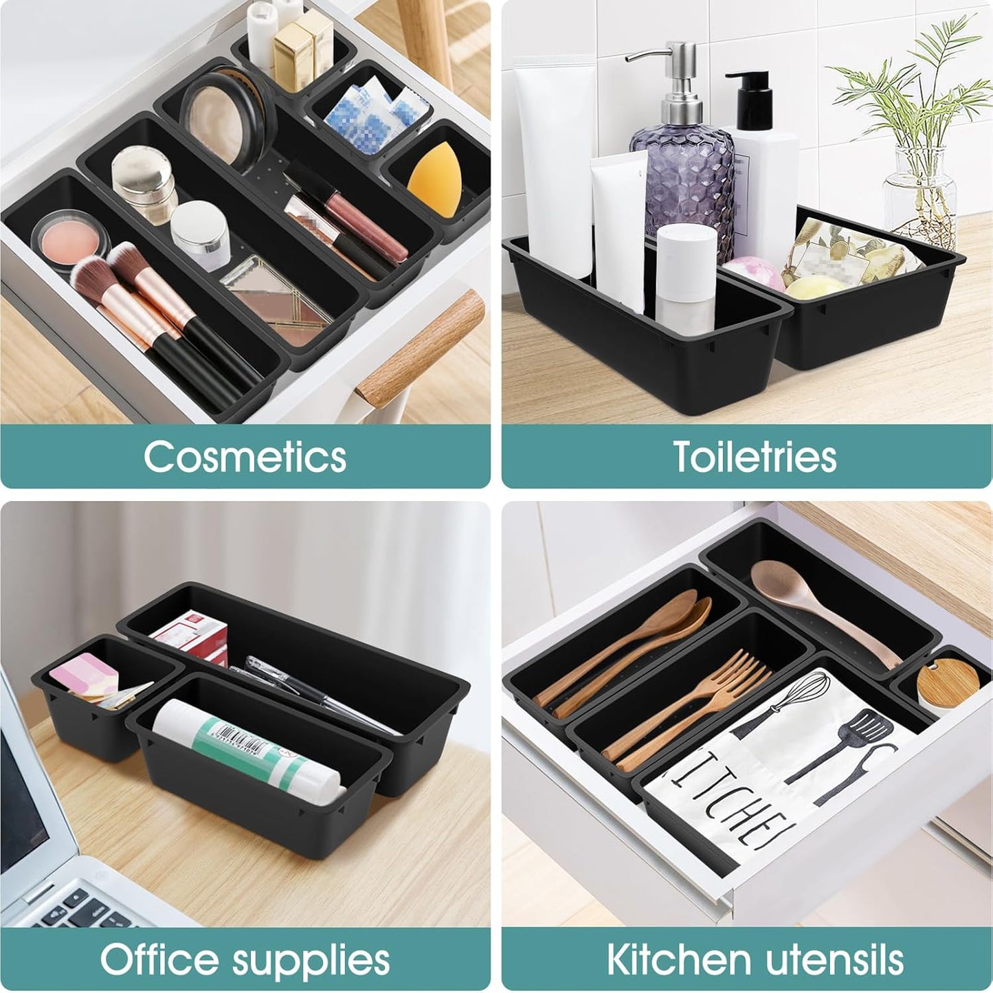 25 PCS Clear Plastic Drawer Organizer Set, 4 Sizes Desk Drawer Divider Organizers and Storage Bins for Makeup, Jewelry, Gadgets for Kitchen, Bedroom, Bathroom, Office