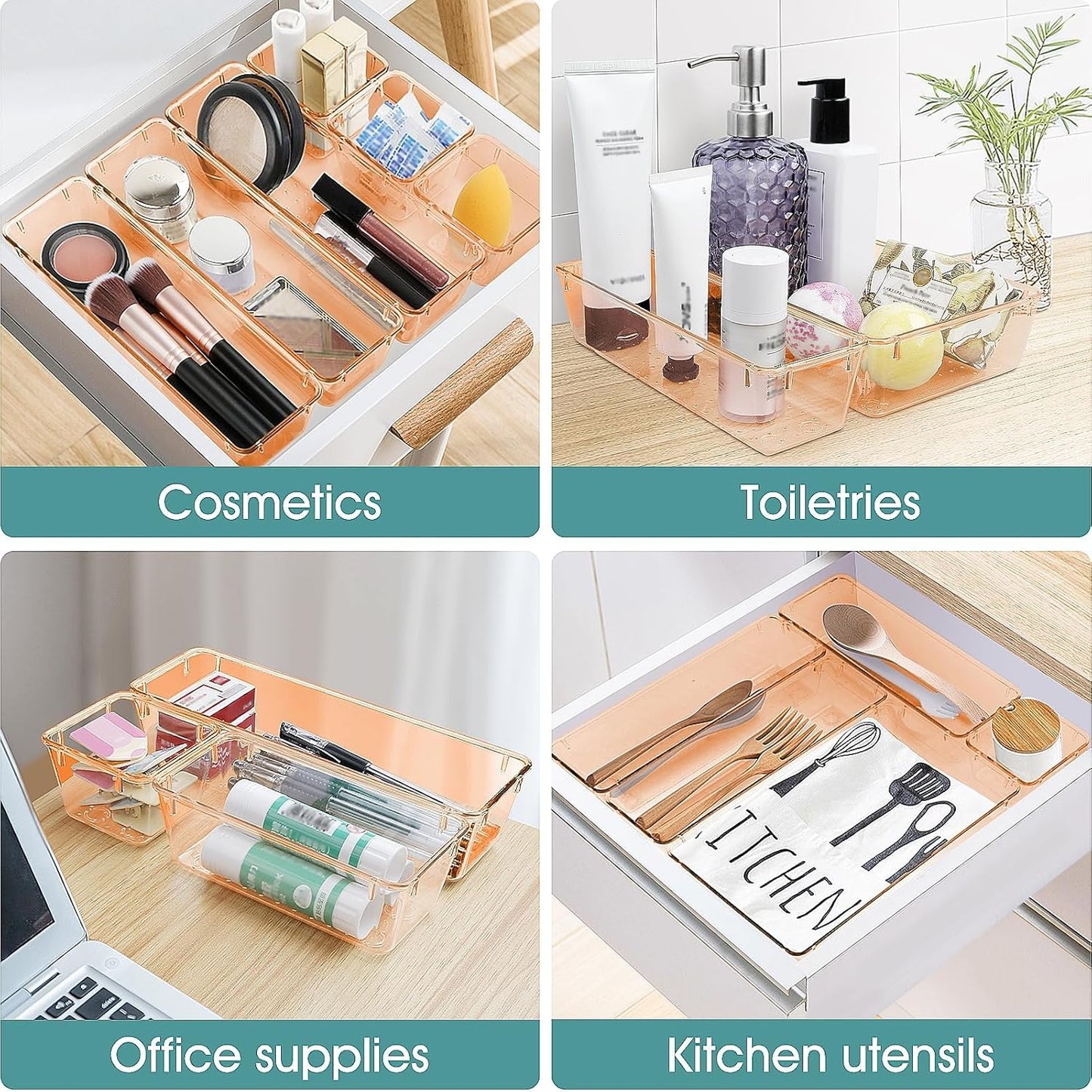 25 PCS Clear Plastic Drawer Organizer Set, 4 Sizes Desk Drawer Divider Organizers and Storage Bins for Makeup, Jewelry, Gadgets for Kitchen, Bedroom, Bathroom, Office