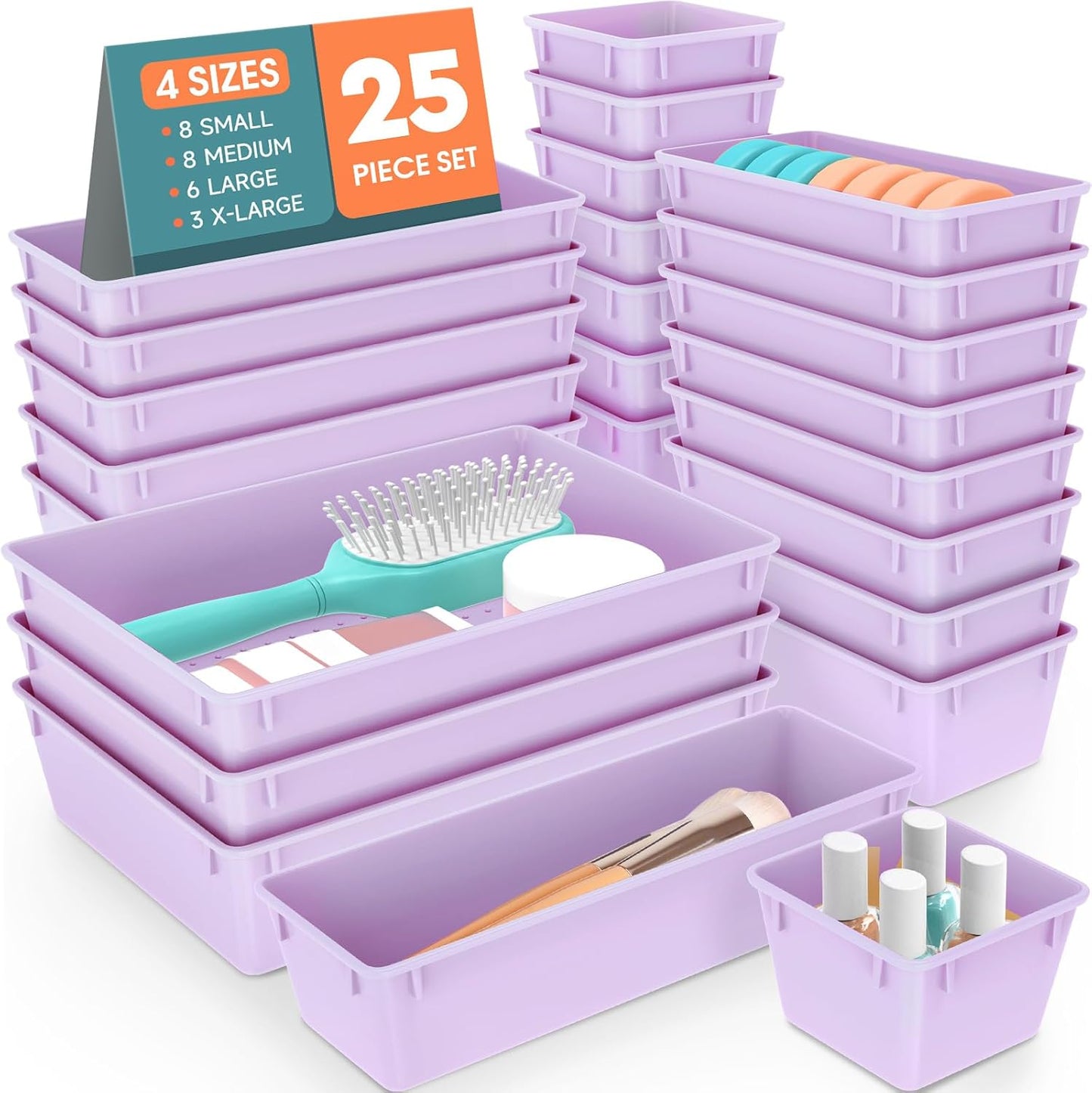 25 PCS Clear Plastic Drawer Organizer Set, 4 Sizes Desk Drawer Divider Organizers and Storage Bins for Makeup, Jewelry, Gadgets for Kitchen, Bedroom, Bathroom, Office