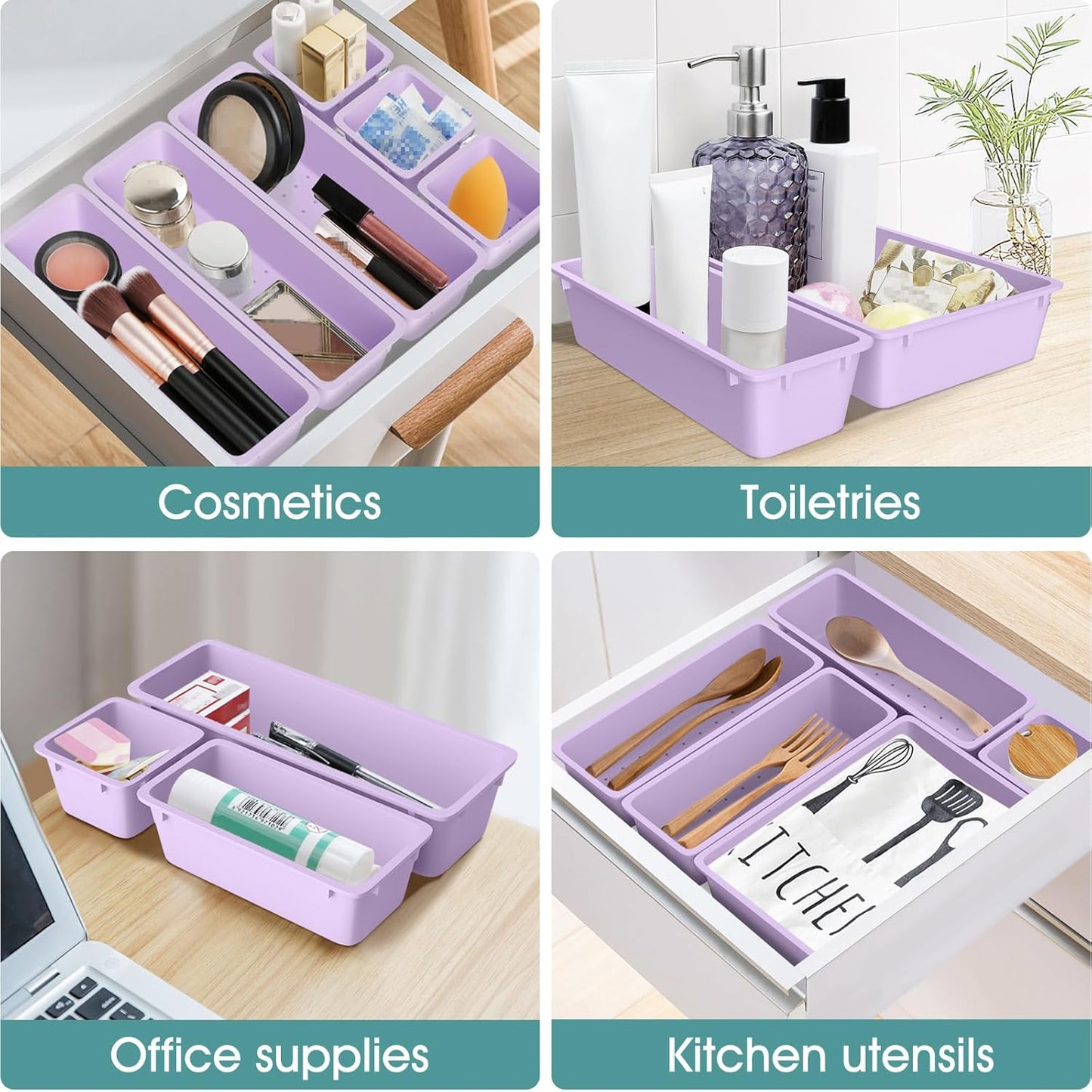 25 PCS Clear Plastic Drawer Organizer Set, 4 Sizes Desk Drawer Divider Organizers and Storage Bins for Makeup, Jewelry, Gadgets for Kitchen, Bedroom, Bathroom, Office
