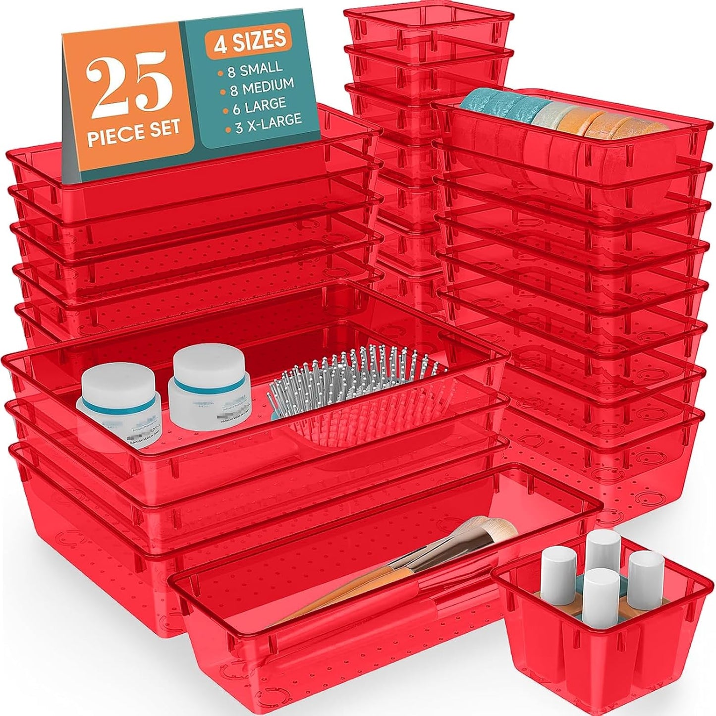 25 PCS Clear Plastic Drawer Organizer Set, 4 Sizes Desk Drawer Divider Organizers and Storage Bins for Makeup, Jewelry, Gadgets for Kitchen, Bedroom, Bathroom, Office