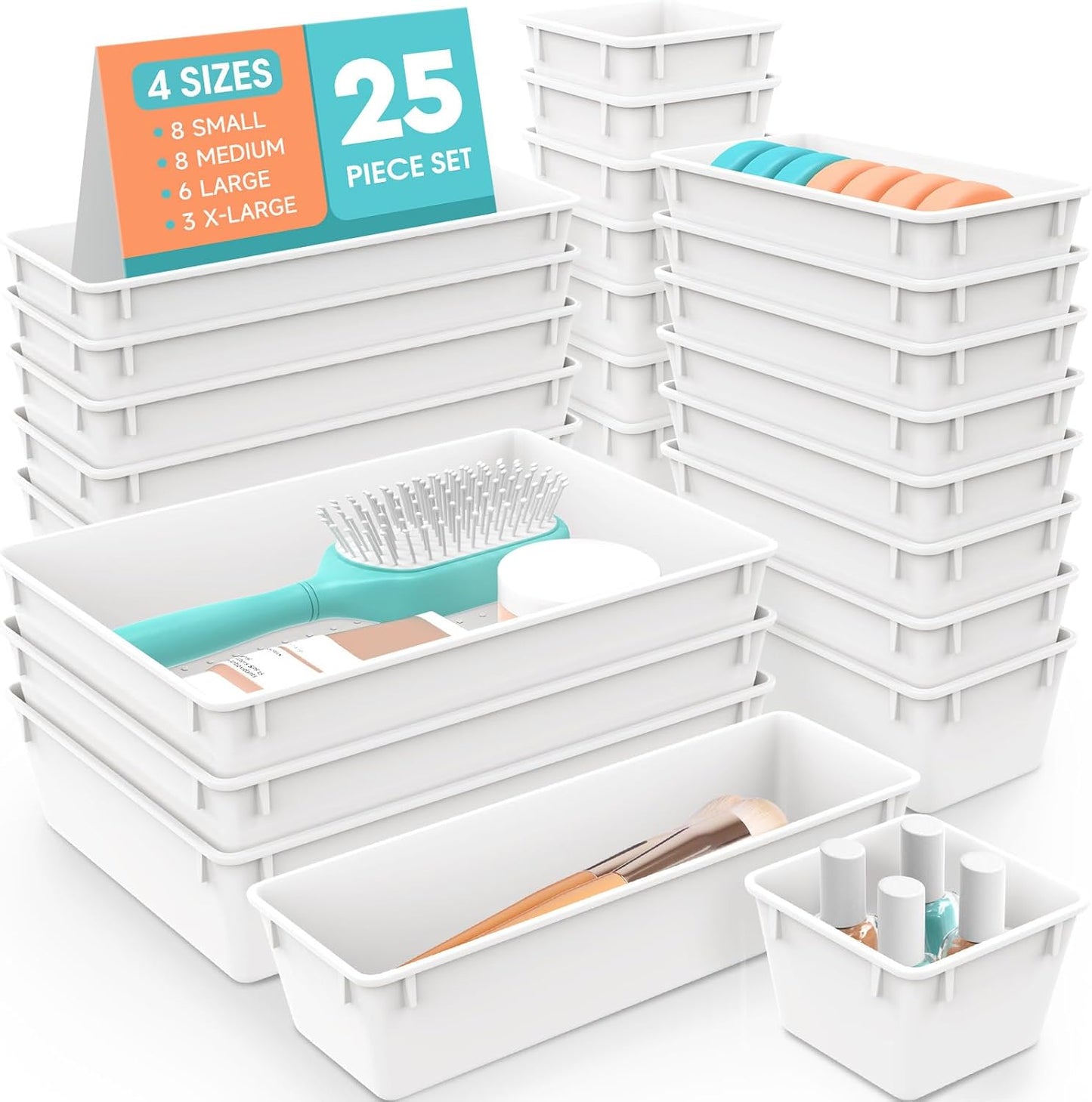 25 PCS Clear Plastic Drawer Organizer Set, 4 Sizes Desk Drawer Divider Organizers and Storage Bins for Makeup, Jewelry, Gadgets for Kitchen, Bedroom, Bathroom, Office