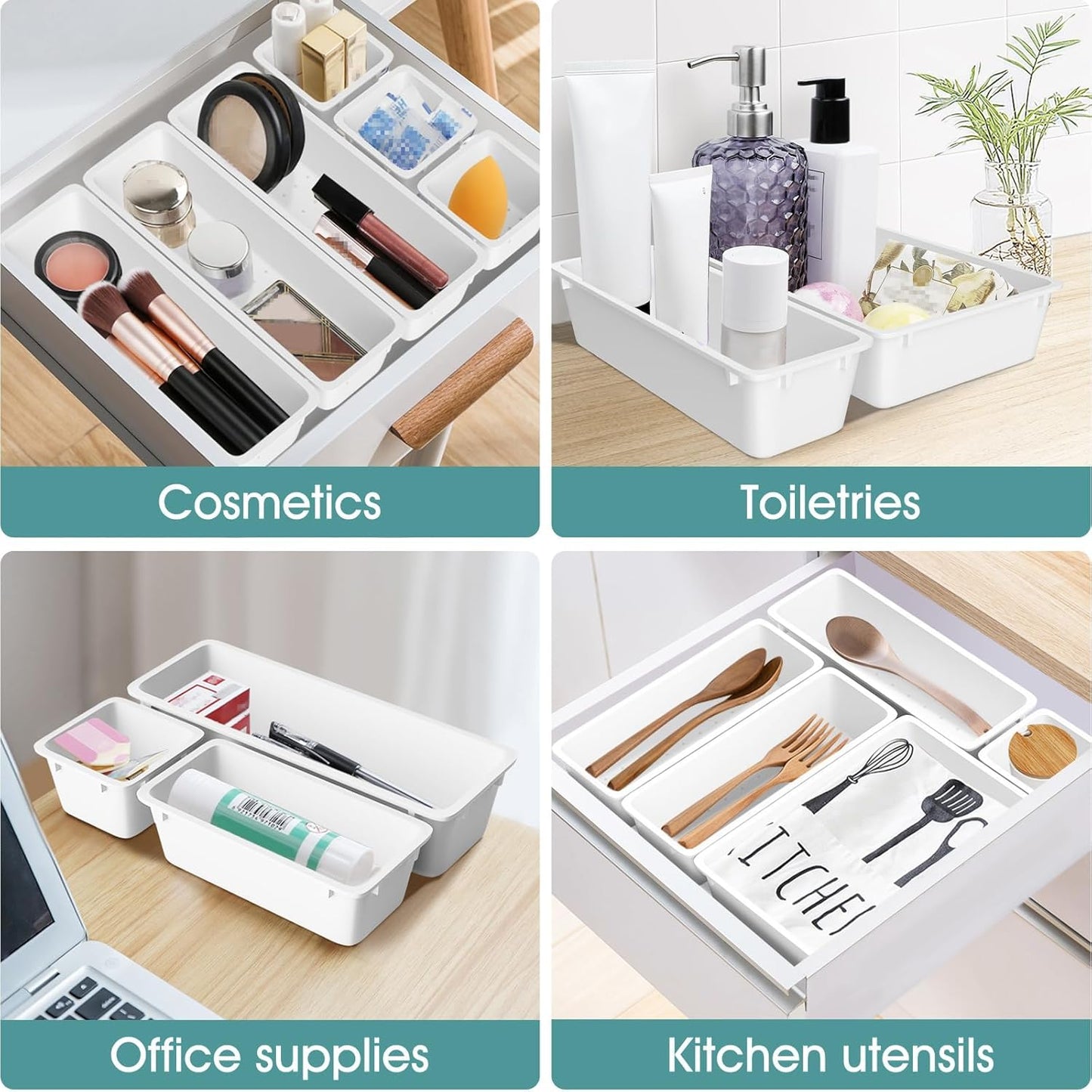 25 PCS Clear Plastic Drawer Organizer Set, 4 Sizes Desk Drawer Divider Organizers and Storage Bins for Makeup, Jewelry, Gadgets for Kitchen, Bedroom, Bathroom, Office
