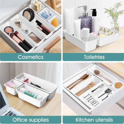 25 PCS Clear Plastic Drawer Organizer Set, 4 Sizes Desk Drawer Divider Organizers and Storage Bins for Makeup, Jewelry, Gadgets for Kitchen, Bedroom, Bathroom, Office