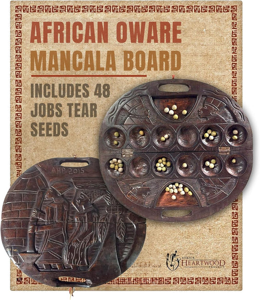 Africa Heartwood Project African Oware Mancala Board - Deluxe Circular Shape with Handle, Hand-Carved, Solid Wood with Detailed Designs, Wooden Folding, 48 Seeds and Instructions Included