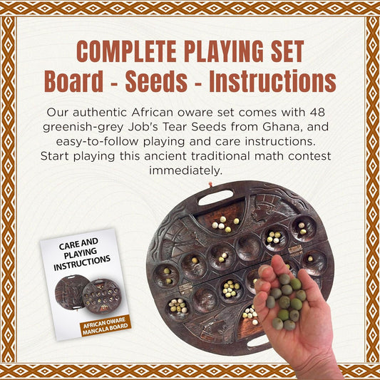 Africa Heartwood Project African Oware Mancala Board - Deluxe Circular Shape with Handle, Hand-Carved, Solid Wood with Detailed Designs, Wooden Folding, 48 Seeds and Instructions Included