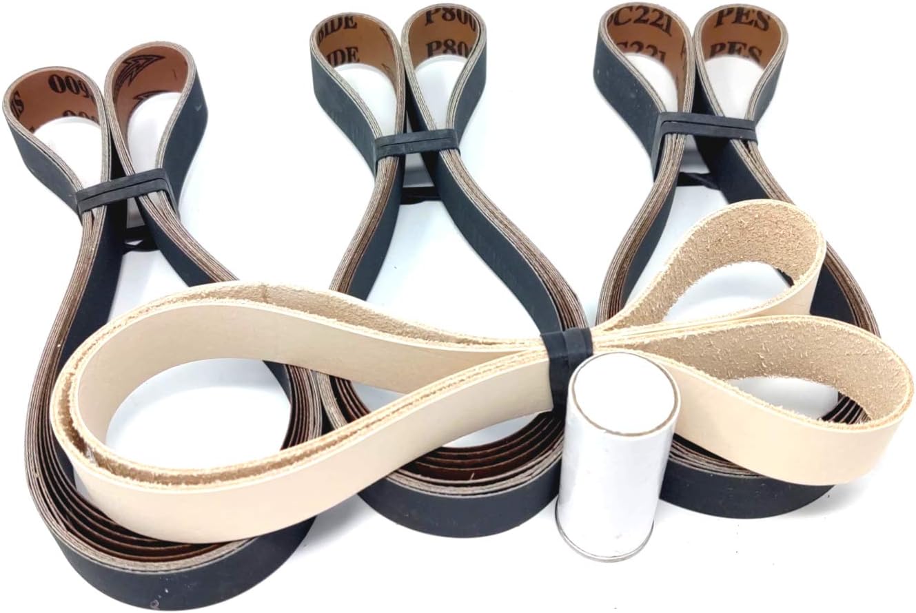 1X42 Knife Sharpening Belt Kit with Leather Honing Belt & 15 Pack of Premium Quality Silicon Carbide Sharpening Sanding Belts 600, 800, 1000 Grit
