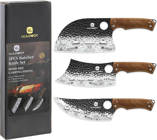 3PCS Butcher Knife Set, includes 7" Butcher Meat Cleaver, 7" Serbian Chef and 6.5" Viking Knife, Stainless Steel Kitchen Knife Set with Wood Handle, Geat for Indoor&Outdoor (Stylish Pattern)